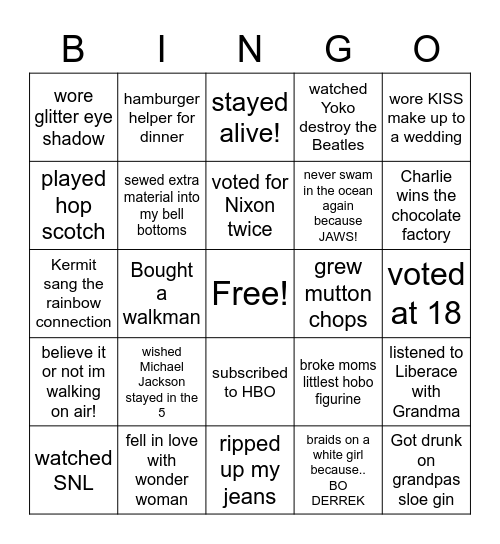 Franks Super Groovy Bingo! Bingo Card