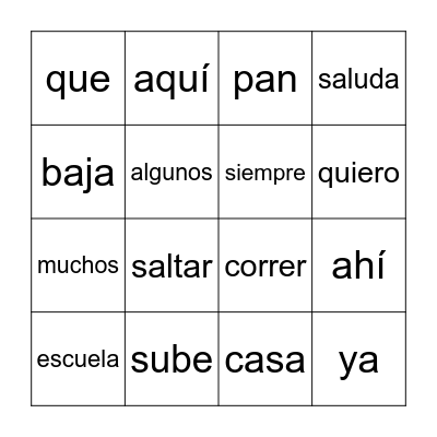 Palabras de Uso Frecuente 1-10 Bingo Card