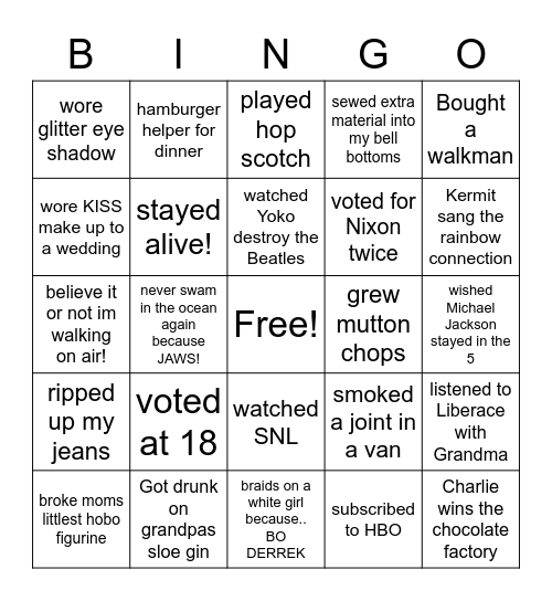 Franks Super Groovy Bingo! Bingo Card