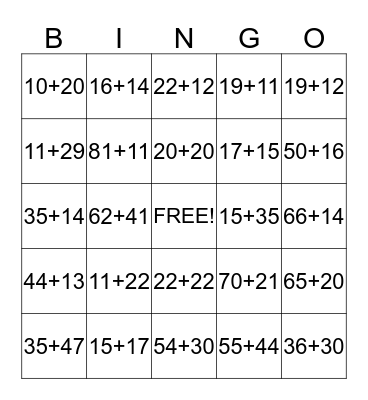 Addition of 2 digit numbers Bingo Card