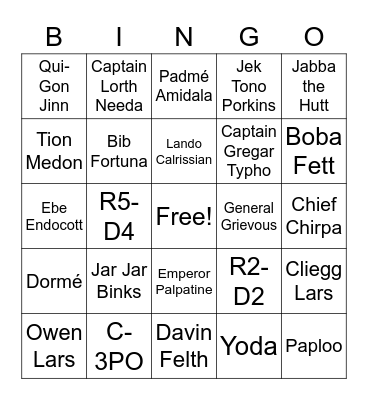 Star Wars Bingo Card