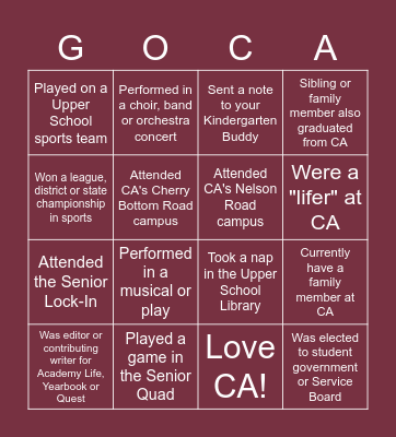 CA Alumni Bingo Card