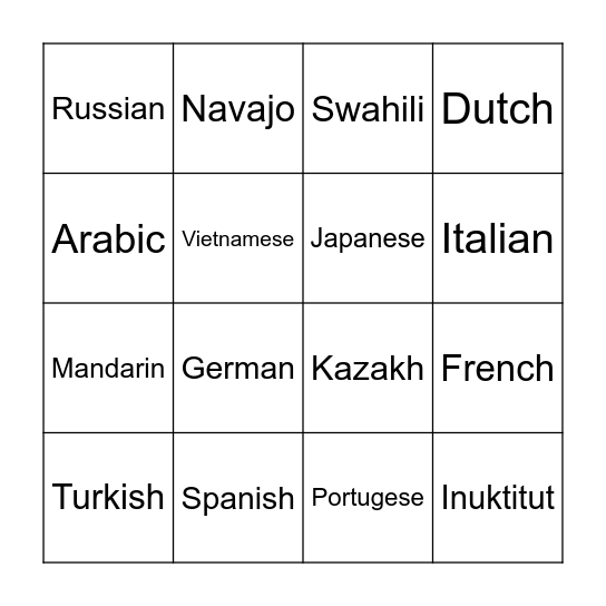 Languages Bingo Card