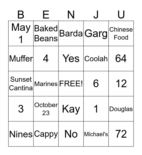 Anniversary Bingo Card