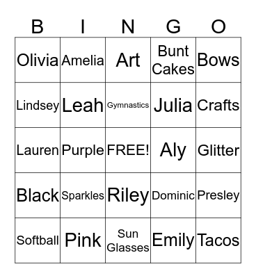 Presley's Favorite Thigs Bingo Card