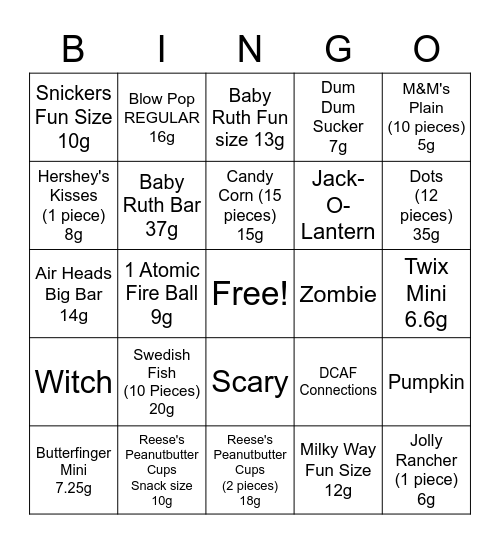 Candy Carb Bingo! Bingo Card