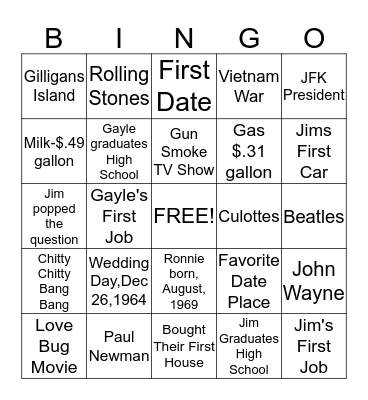 Jim and Gayle find Love in the 1960's Bingo Card