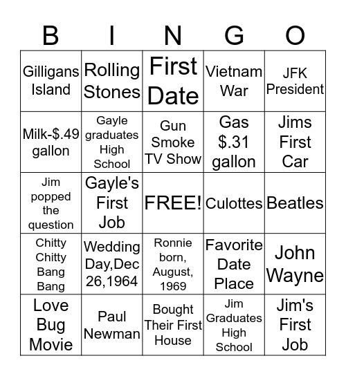 Jim and Gayle find Love in the 1960's Bingo Card