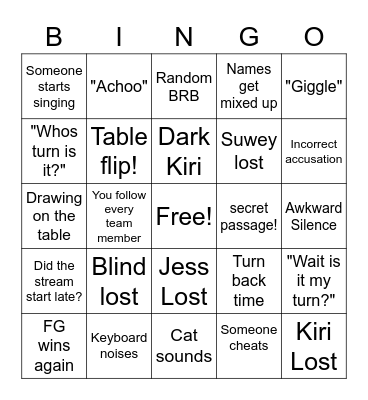 After Hours! Clue! Bingo Card