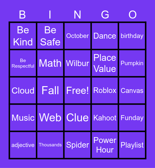 Week 5 Bingo Card - roblox kahoot music