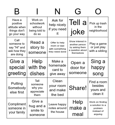 Kindness Challenge Card Bingo Card