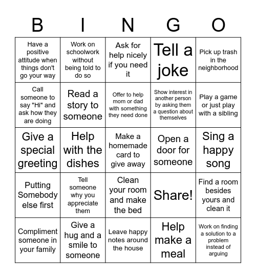 Kindness Challenge Card Bingo Card