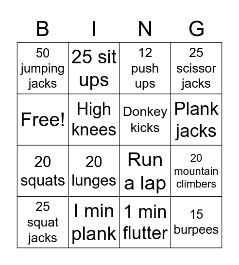 Cross country Bingo Card