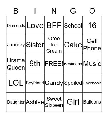 Ashlee's Sweet 16 Bingo Card