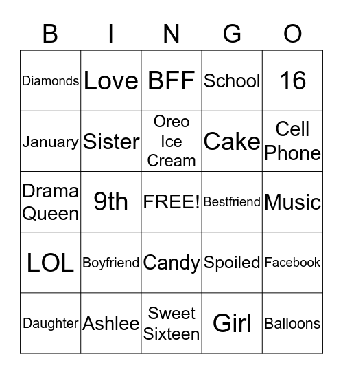 Ashlee's Sweet 16 Bingo Card