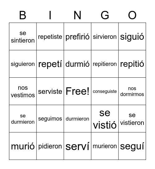 Preterite of Stem-Changing Verbs Bingo Card