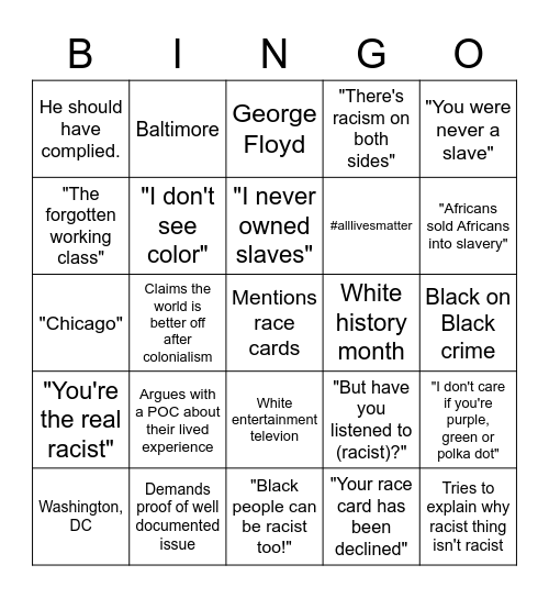 Racist Nonsense BINGO Card