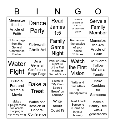 Activity Days October 2020 Bingo Card