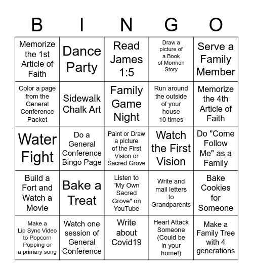 Activity Days October 2020 Bingo Card