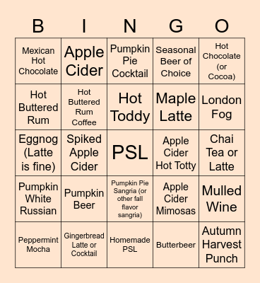 Fall Drinks Bingo Card