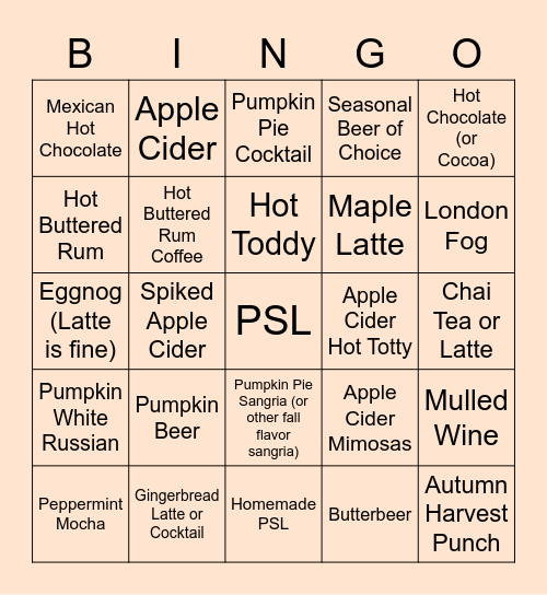 Fall Drinks Bingo Card