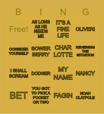 OLIVER THE MUSICAL Bingo Card