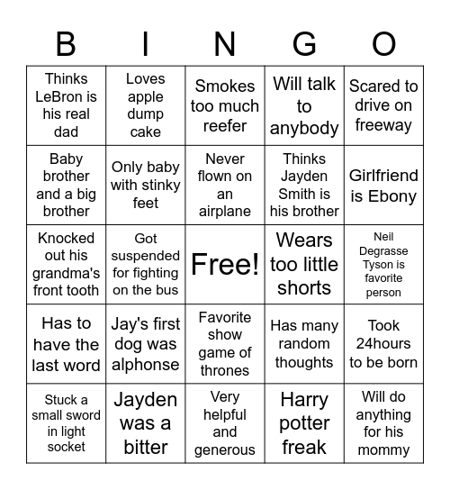 Jay's 21st Bingo Card