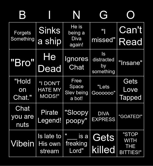Slev Show Bingo Card
