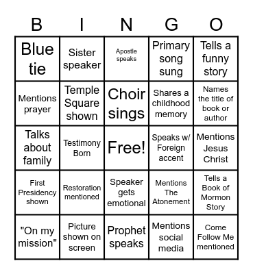 General Conference Fall 2020 :) Bingo Card