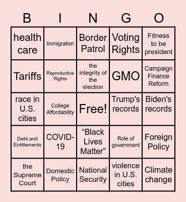 Presidential Debate Bingo Card