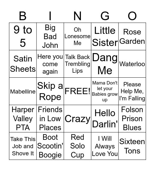 Country Songs Bingo Card