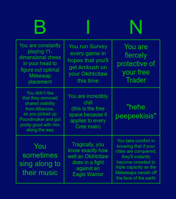 Cree Main Bingo Card