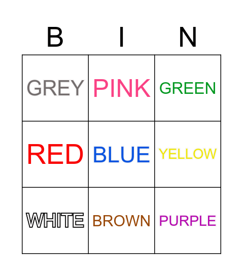 COLOURS BINGO Card