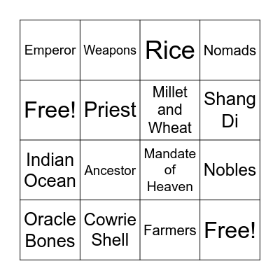 Shang Dynasty Bingo Card