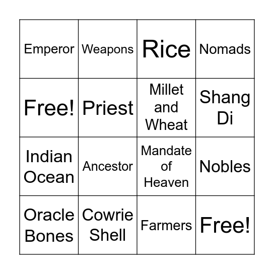 Shang Dynasty Bingo Card