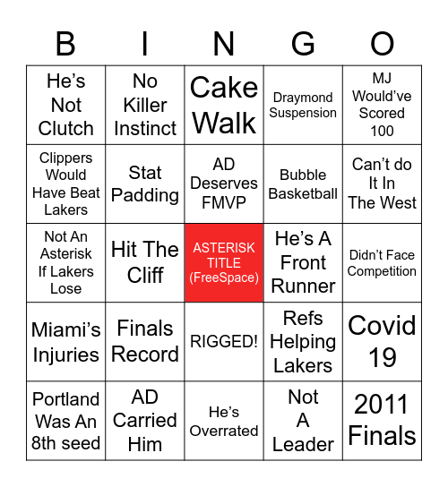 Lebron Hater Bingo Card