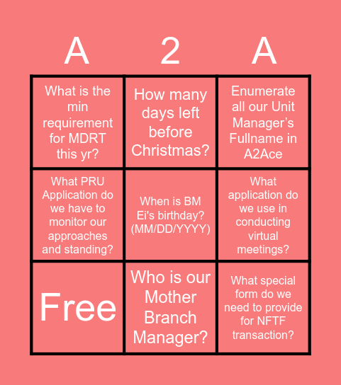 A2ACE Bingo Card