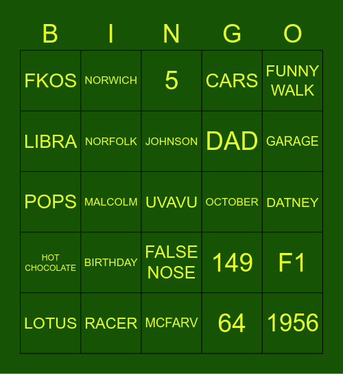 Rusty's Birthday Bingo Card