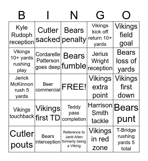 Vikings v. Bears Bingo Card