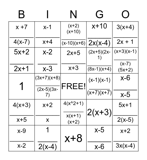 Rational Expressions Bingo Card