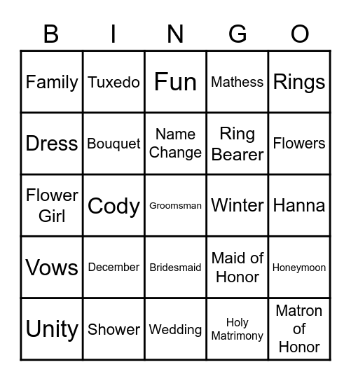 Hanna's Bridal Bingo Card