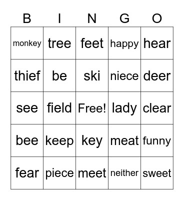 Words with /ee/ sound Bingo Card