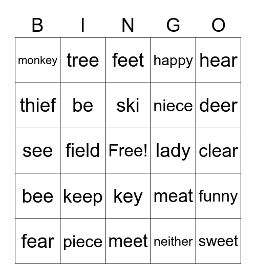 Words with /ee/ sound Bingo Card