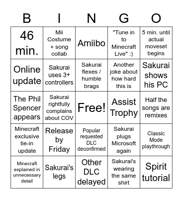 Sakurai's Minecraft Tutorial Bingo Card