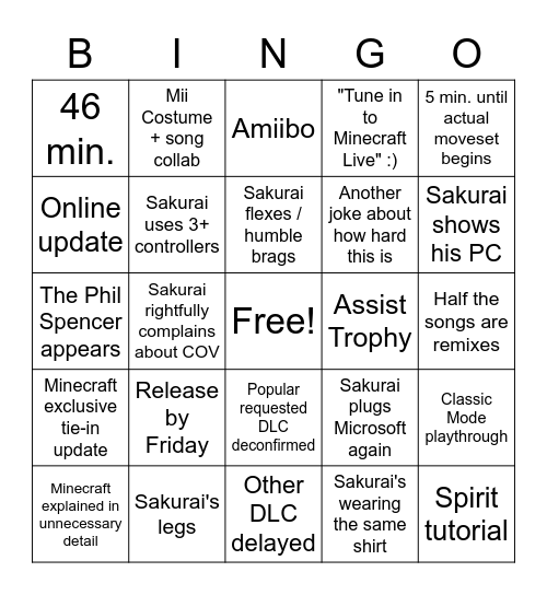 Sakurai's Minecraft Tutorial Bingo Card