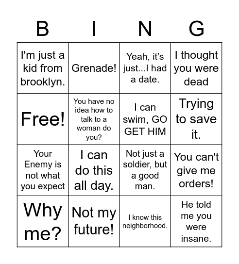 First Avenger Bingo Card