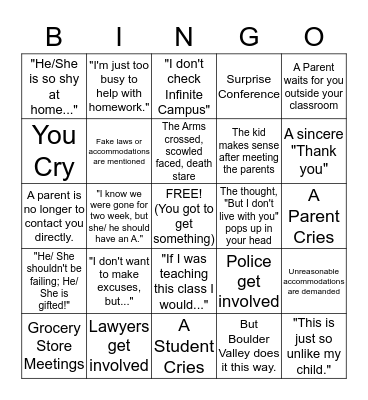 Parent Teacher Conference Bingo Card