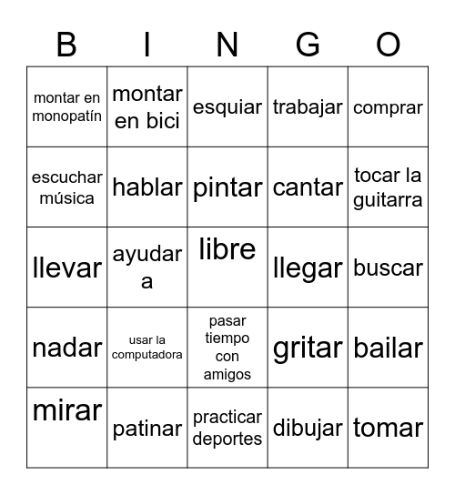 Verbos que terminan con -ar Bingo Card