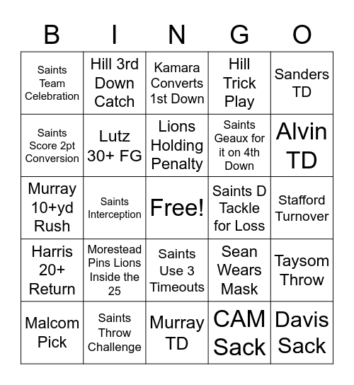 Saints vs Lions Bingo Card