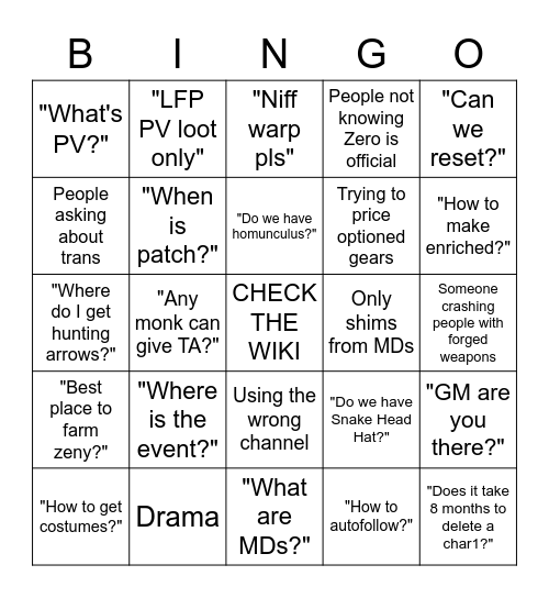 Project Zero Bingo Card